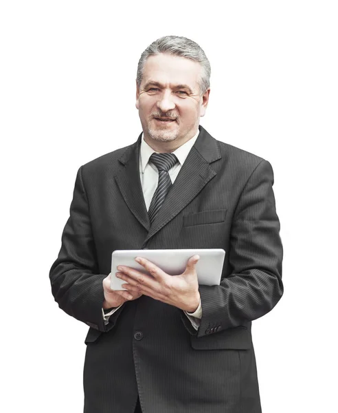 Successful businessman with digital tablet on background of office building — Stock Photo, Image