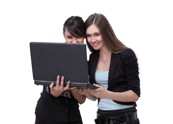 Två framgångsrika medarbetare tittar på laptop skärmen — Stockfoto
