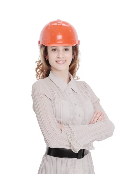 Retrato de mujer confiada ingeniero .isolated en blanco — Foto de Stock