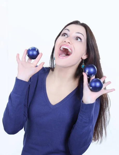 Happy beautiful young woman holding Christmas balls. — Stock Photo, Image