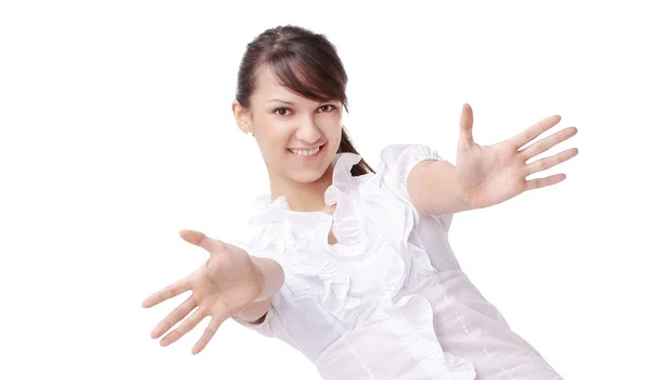Closeup.successful mladá žena ukazující otevřené ruce — Stock fotografie