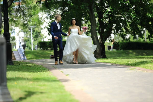 Terug van de bruid en bruidegom lopen langs het steegje op de achtergrond van bomen — Stockfoto