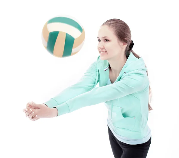 Esportes jovem fazendo exercícios com o ball.isolated em branco — Fotografia de Stock