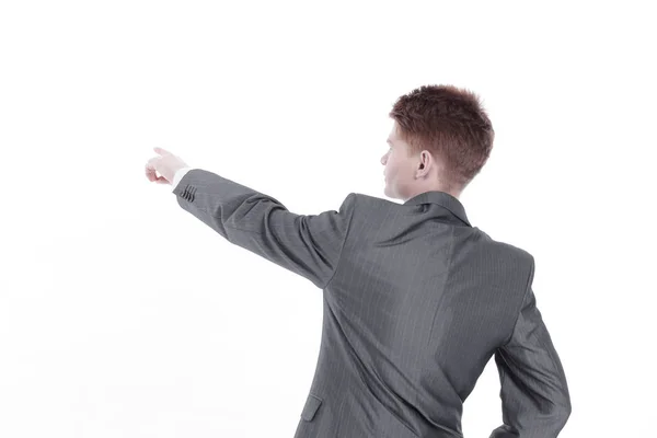 Bakre view.businessman pekar på en blank skärm — Stockfoto