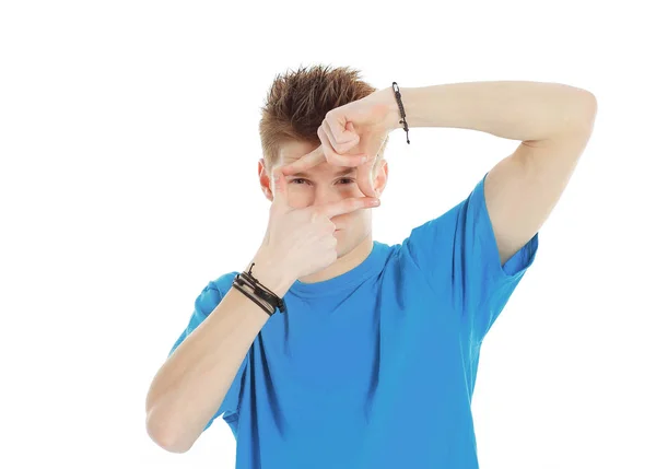 Tipo con la camisa azul, mostrando el marco de sus manos — Foto de Stock