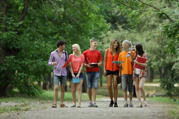 Gruppe junger Studenten zu Fuß auf einem Hochschulcampus — Stockfoto