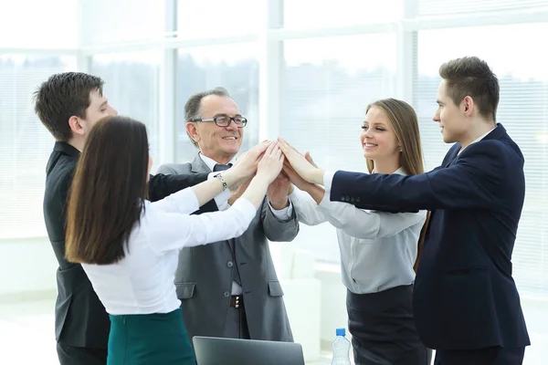 Close up.boss and business team joining hands togethe — Stock Photo, Image