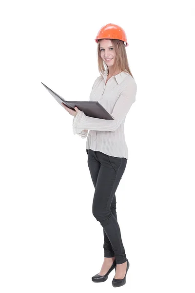 Mujer ingeniero closeup.smiling con documentos .isolated en blanco —  Fotos de Stock