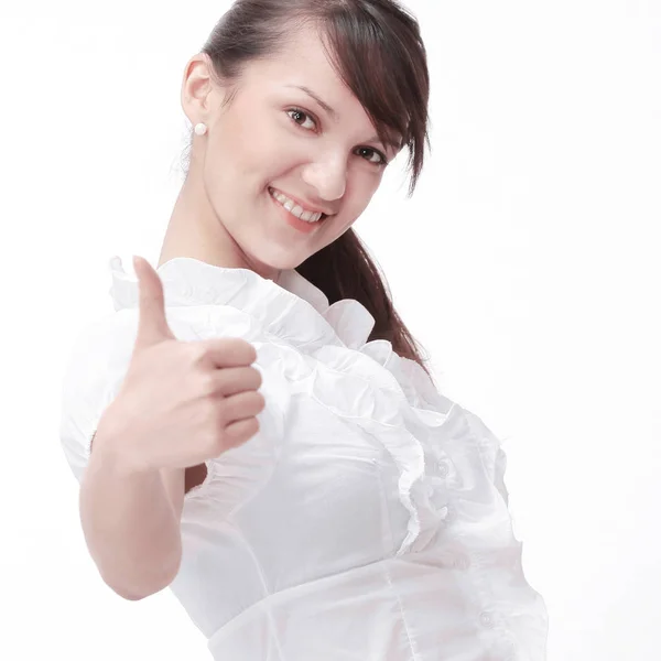 Closeup.young mujer de negocios mostrando pulgar hacia arriba . — Foto de Stock