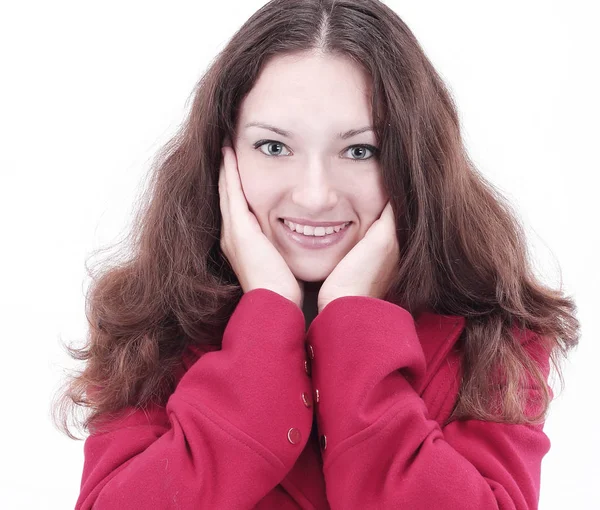 Surpris jeune femme dans un manteau rouge — Photo