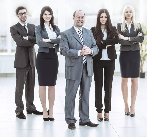 Retrato de empresário de sucesso e equipe de negócios em pé junto com os braços cruzados na frente dele — Fotografia de Stock