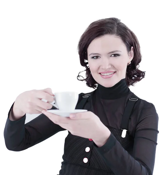 Closeup.Young iş kadını fincan kahve ile. — Stok fotoğraf
