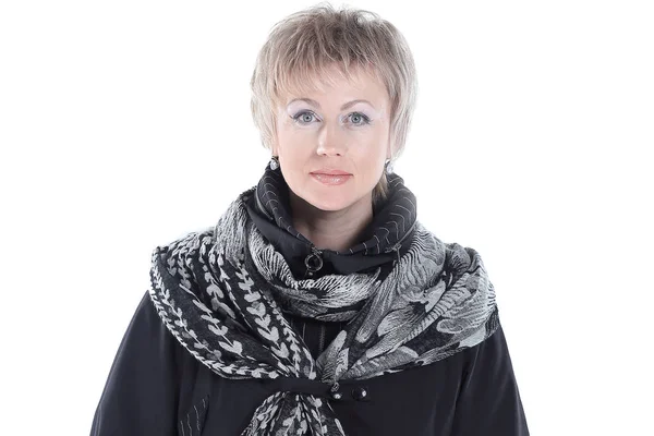 Donna alla moda in un cappotto nero e scarf.isolated su bianco . — Foto Stock