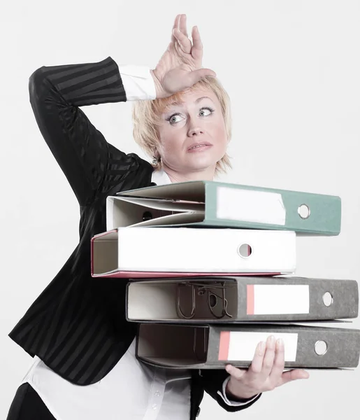 Astonished business woman with stack of documents — Stock Photo, Image