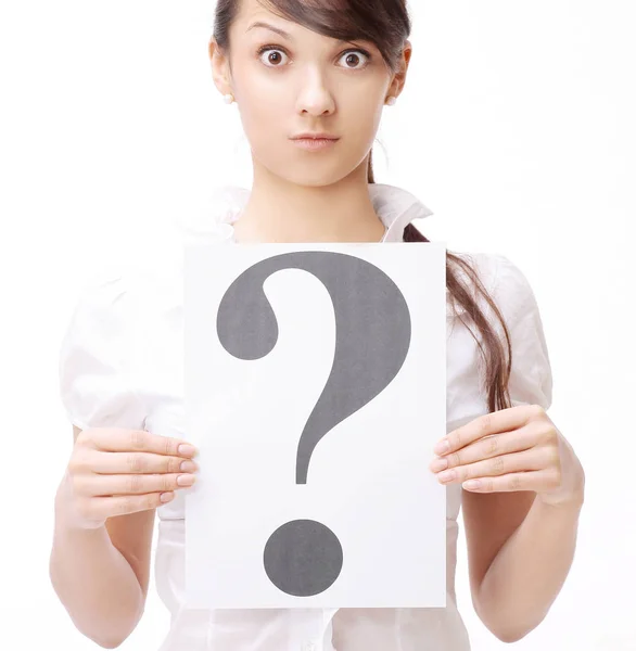 Surprised business woman showing a question mark. — Stock Photo, Image