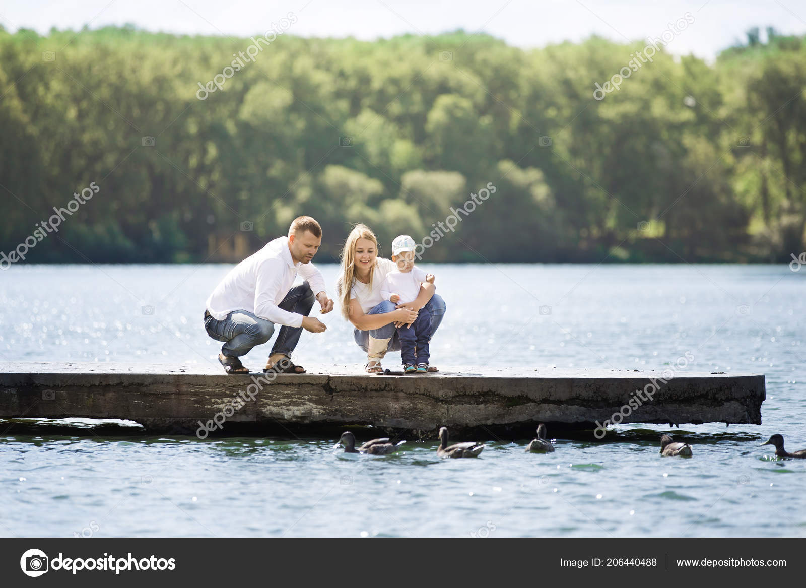 Happy Mom Dad And Son Feed The Ducks On A Sunny Day Stock Photo Happy Mom Dad And Son Feed The Ducks On A Sunny Day Stock Photo