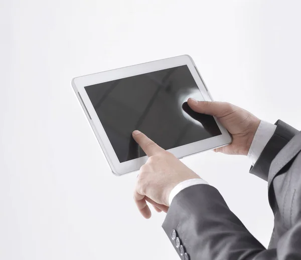 Close Businessman Utilizando Tablet Isolated Digital Blanco —  Fotos de Stock