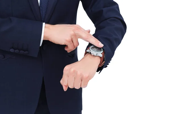 Concept is om uw tijd te besparen. zakenman wijzend op zijn wristw — Stockfoto