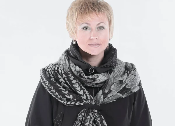 Donna alla moda in un cappotto nero e scarf.isolated su bianco . — Foto Stock