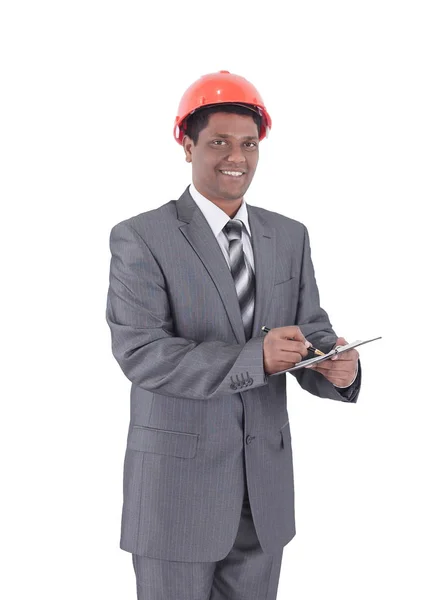 Arquitecto ingeniero guapo firmar un contrato.aislado en blanco — Foto de Stock