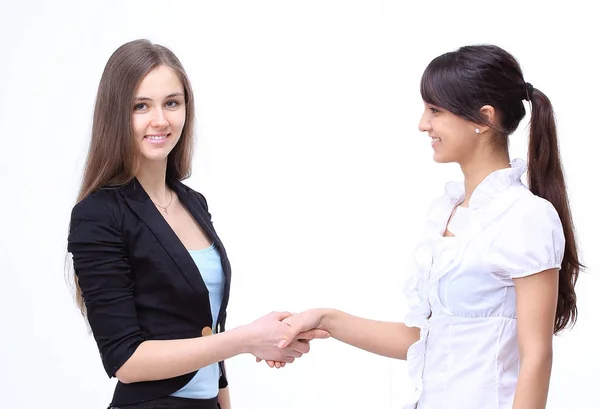 Apretón de manos de dos jóvenes socios de negocios.aislado en blanco . — Foto de Stock