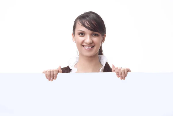 Successful young business woman showing blank banner — Stock Photo, Image