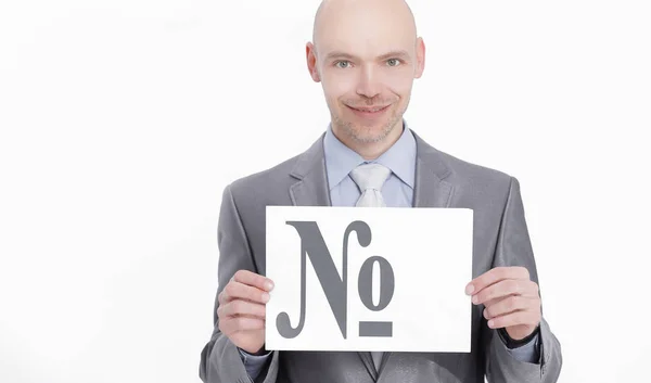 Confident businessman holding a banner with the sign of the number. — Stock Photo, Image