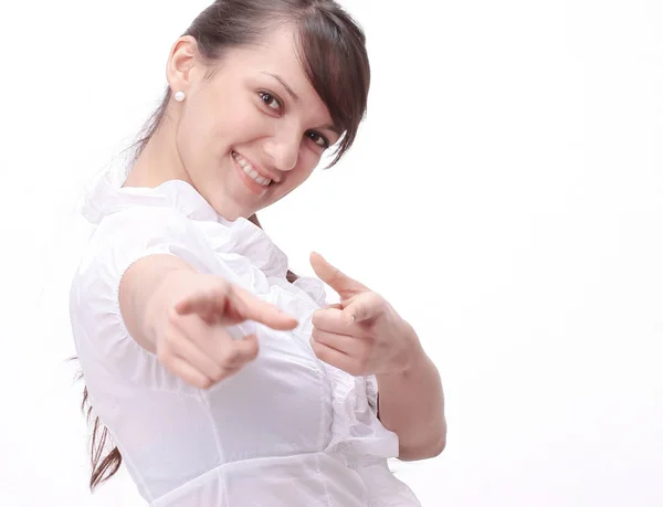 Primo piano. Giovane donna d'affari che mostra le mani in avanti — Foto Stock