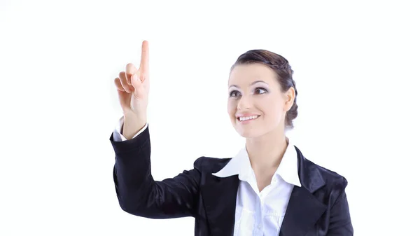 Successful business woman pointing up on copy space Stock Image