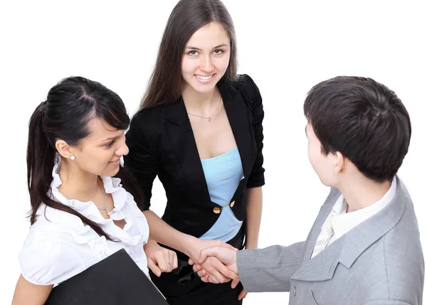 Business Partners Shake Hands Talks Isolated White Photo Copy Space — Stock Photo, Image