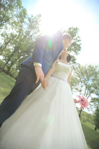 Kyss av bruden och groom.photo på bakgrunden av parken — Stockfoto