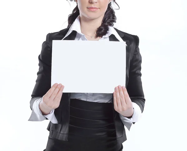 Επιχειρήσεων γυναίκα δείχνει κενό sheet.isolated σε λευκό φόντο — Φωτογραφία Αρχείου