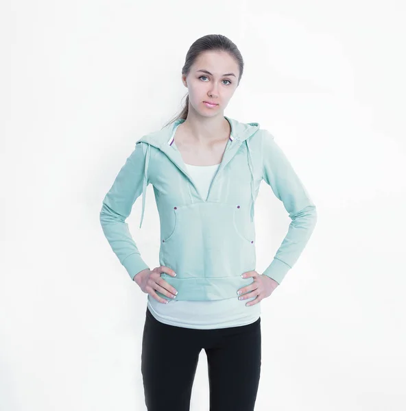 Portrét mladé ženy fitness trainer.isolated na bílé — Stock fotografie