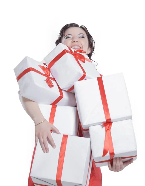 Happy young lady with lots of gift boxes — Stock Photo, Image