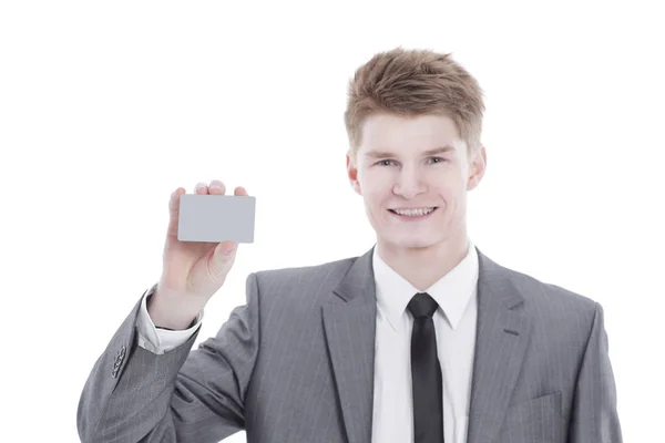 Успешный бизнесмен показывает чистый бизнес card.isolated на белом — стоковое фото