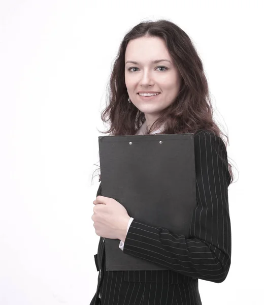 Jonge zakenvrouw met documents.isolated op een wit — Stockfoto