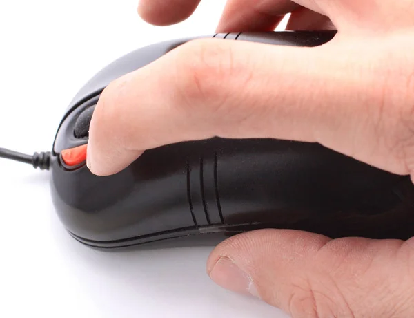 Computer mouse and hand closeup on white background — Stock Photo, Image