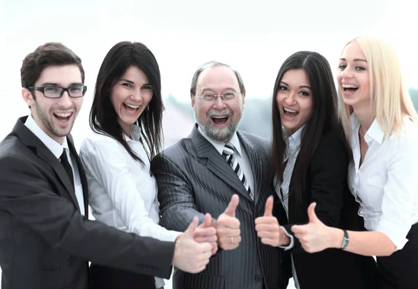 Closeup head and business team showing thumb up. — Stock Photo, Image