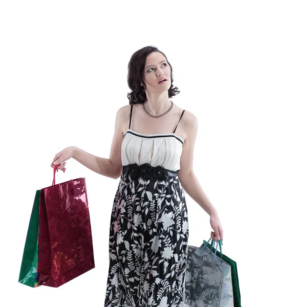 Jeune femme avec shopping.photo avec espace de copie — Photo