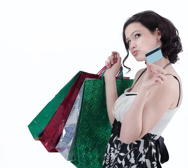 Successful young woman with shopping and credit card. — Stock Photo, Image