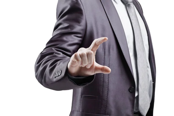 Close up. businessman showing hand gesture compare.isolated on grey background — Stock Photo, Image