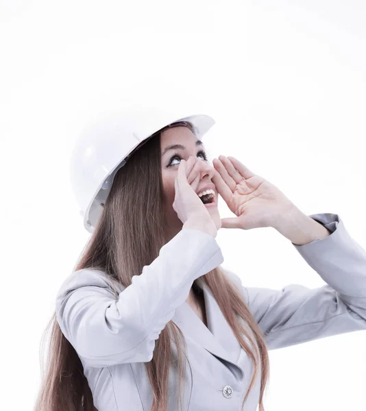 Joven arquitecta pidiendo ayuda.aislado en blanco —  Fotos de Stock