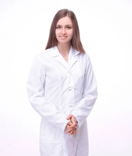 Uśmiechający się doctor.isolated kobieta na białym tle. — Zdjęcie stockowe