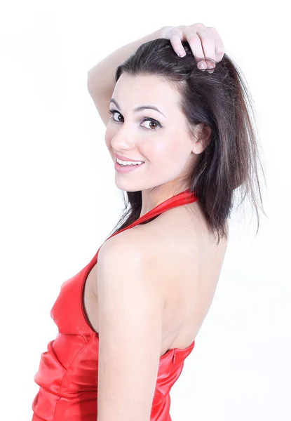 Primer plano. retrato de una joven con un vestido rojo — Foto de Stock