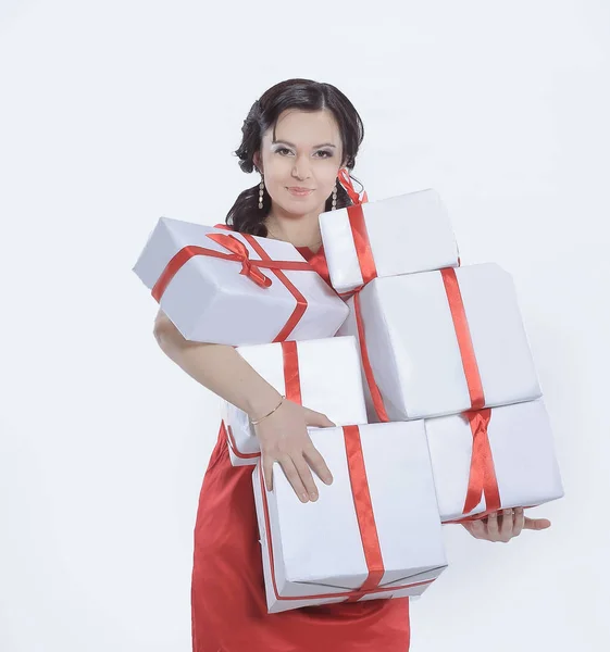 Beautiful young lady with gift boxes.photo with copy space — Stock Photo, Image