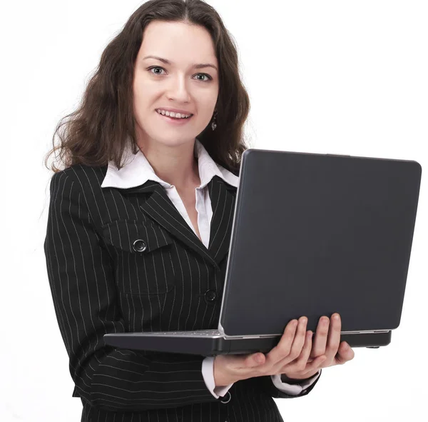 Successful business woman with an open laptop. — Stock Photo, Image