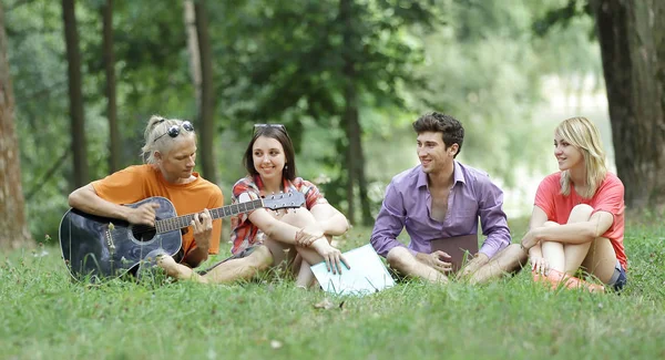 Grupa studentów śpiewać siedząc na trawniku w city Park — Zdjęcie stockowe