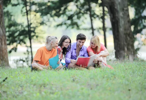 Vänner av studenter läsa böcker som sitter på gräsmattan i parken — Stockfoto