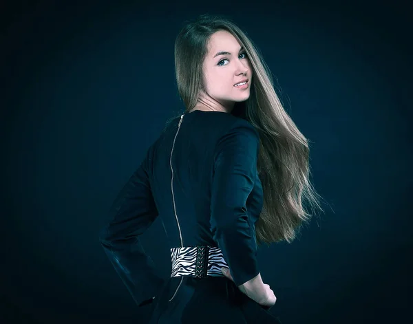 Portrait of stylish young woman in black dress — Stock Photo, Image