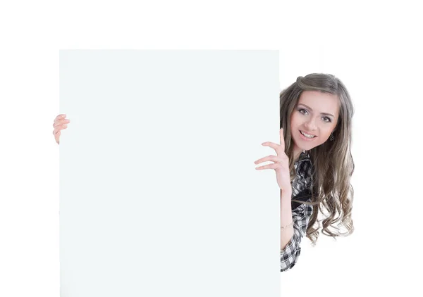 Smiling young business woman showing a big blank banner — Stock Photo, Image